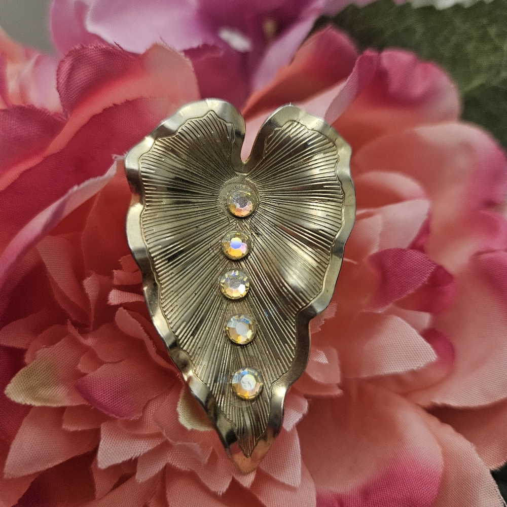 Vintage 1960's Lady Ellen goldtone rhinestones leaf hair clip aurora borealis